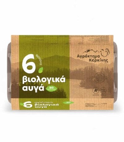 Συσκευασία με 6 φρέσκα βιολογικά αυγά κατηγορίας Α', μεσαίου μεγέθους (53-63 γρ.), από το Αγρόκτημα Κερκίνης.