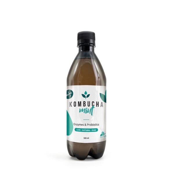 Kombucha 500ml με άρωμα μέντας – δροσιστικό ρόφημα χωρίς ζάχαρη, πλούσιο σε προβιοτικά.
