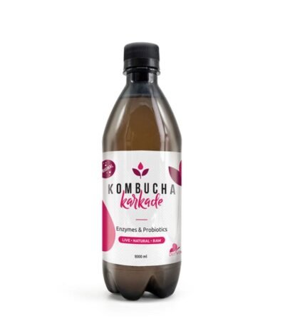 Μπουκάλι Kombucha 1000ml με Ιβίσκο – φυσικό αναψυκτικό πλούσιο σε βιταμίνη C και αντιοξειδωτικά.
