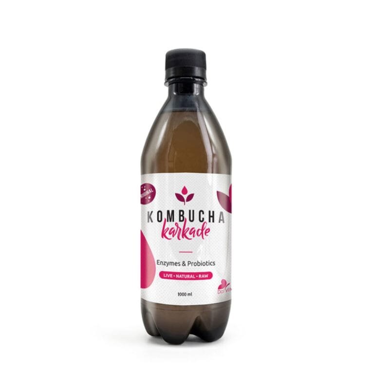 Μπουκάλι Kombucha 1000ml με Ιβίσκο – φυσικό αναψυκτικό πλούσιο σε βιταμίνη C και αντιοξειδωτικά.