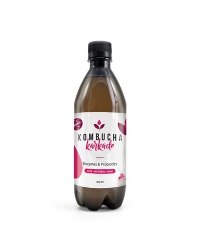 Μπουκάλι Kombucha 500ml με Ιβίσκο – φυσικό αναψυκτικό πλούσιο σε βιταμίνη C και αντιοξειδωτικά.