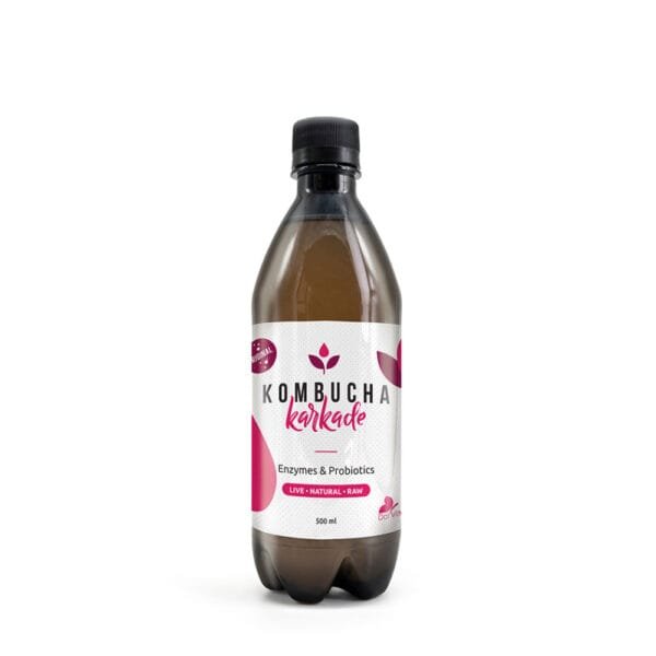 Μπουκάλι Kombucha 500ml με Ιβίσκο – φυσικό αναψυκτικό πλούσιο σε βιταμίνη C και αντιοξειδωτικά.