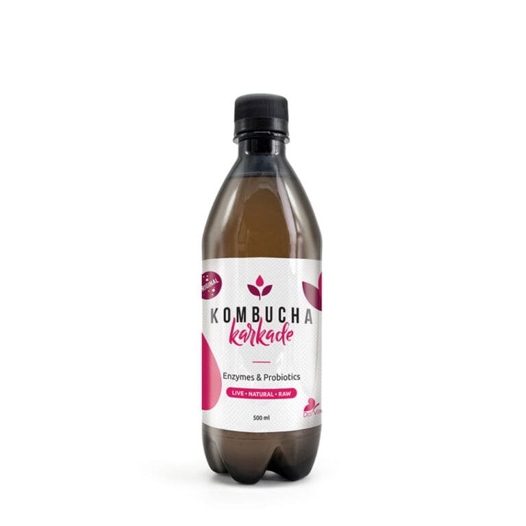Μπουκάλι Kombucha 500ml με Ιβίσκο – φυσικό αναψυκτικό πλούσιο σε βιταμίνη C και αντιοξειδωτικά.