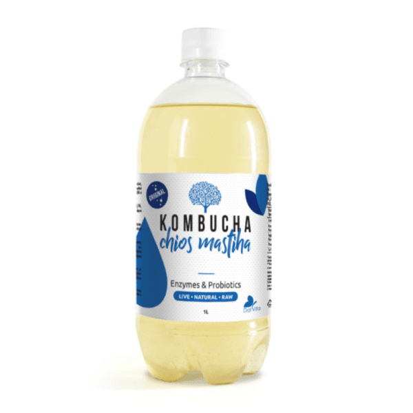Μπουκάλι kombucha με μαστίχα και σπιρουλίνα 1000ml από τη Dalvita – φυσικό ρόφημα ζύμωσης χωρίς ζάχαρη.