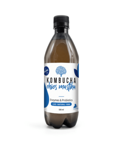 Μπουκάλι kombucha με μαστίχα και σπιρουλίνα 500ml από τη Dalvita – φυσικό ρόφημα ζύμωσης χωρίς ζάχαρη.