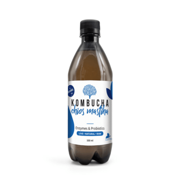 Μπουκάλι kombucha με μαστίχα και σπιρουλίνα 500ml από τη Dalvita – φυσικό ρόφημα ζύμωσης χωρίς ζάχαρη.